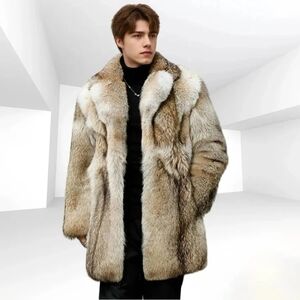 Men's Faux Fur Pea Coat in Natural Brown